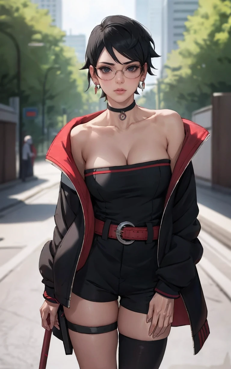 BARUTO_Timeskip_Uchiha_Sarada_ownwaifu, hand in pocket, 
1girl, glasses, round eyewear, black hair, black eyes, bangs, swept bangs, short hair, lips, medium breasts, thighs,
black choker, earrings, jewelry, strapless, off shoulder, collarbone, red belt, open jacket, black jacket, black shorts, black dress, black footwear, long sleeves, leg warmers, konohagakure symbol, thigh strap, thigh pouch, loose socks, 
<lora:BARUTO_Timeskip_Uchiha_Sarada_ownwaifu:0.7> ,
((masterpiece)),((best quality)),(highres), bokeh, depth_of_field, scenery, spotlight, focused, looking at viewer, solo,