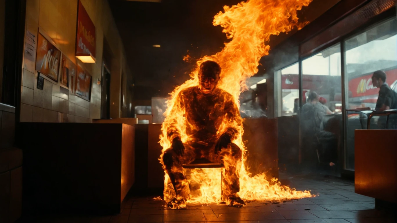 cinematic Film Still  immolation man  sitting inside an McDonald restaurant <lora:immolation-lightWeight:1>,
