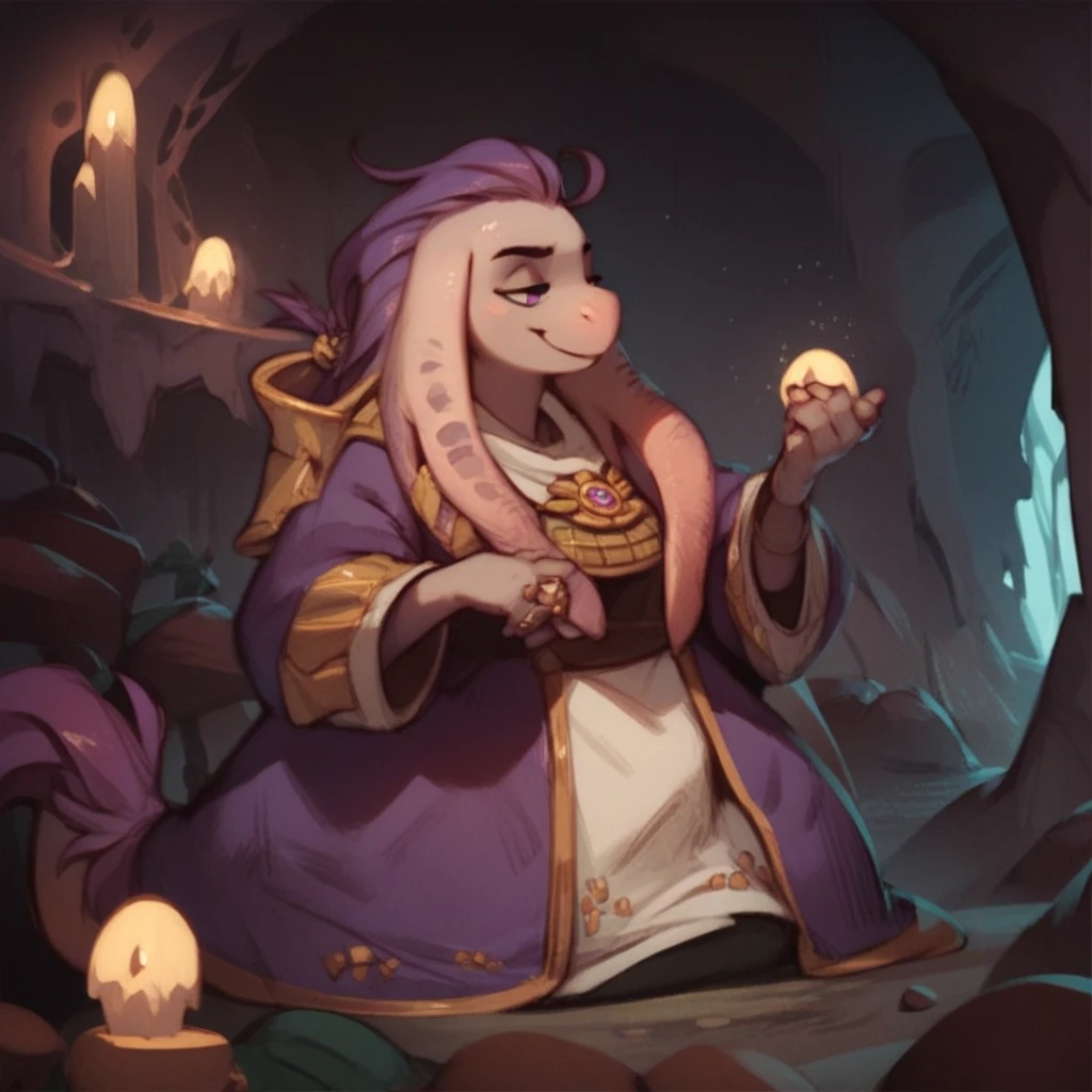 score_9, score_8_up, score_7_up, score_6_up, score_5_up, score_4_up, a nu mou wizard casting light in a dark cave, with ornate purple robes and gold embellishments, fearlessly smiling into the dark