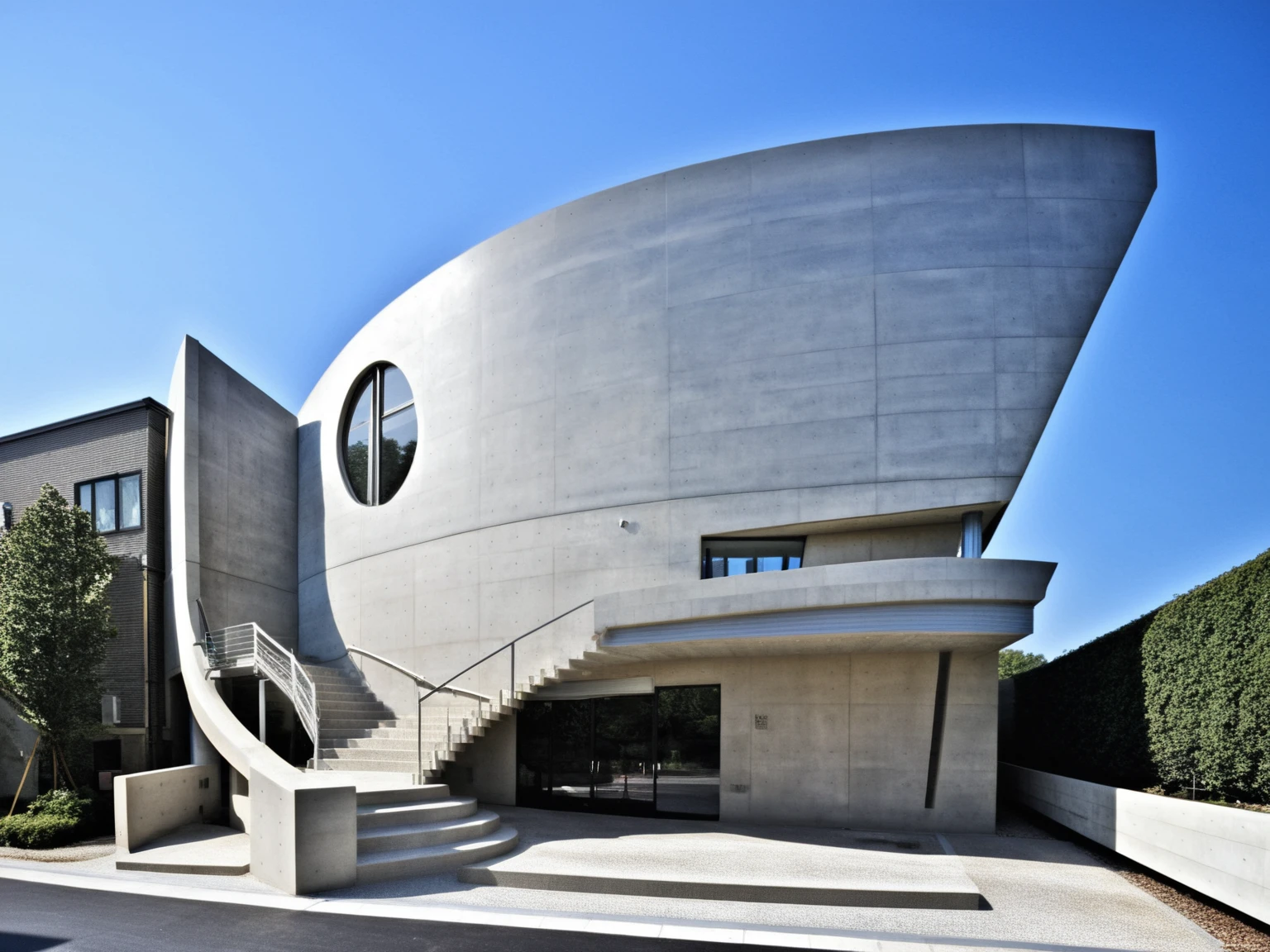 <lora:JJsConcreteArchitecture_XL:1>, ((Concrete Architecture)), , ((masterpiece)), ((best quality)), real world location, realistic, high detailed, (outdoor) , dramatic lighting, no human, ((full building)), curvy wall, road, window, day time, canopy, stair,door,
center composition,paving, sidewalk, bush, perspective, handrail,