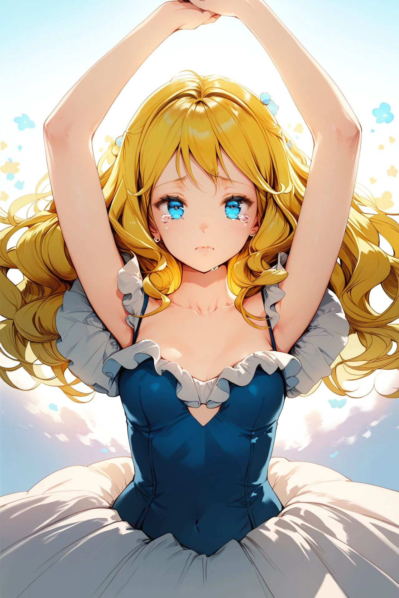 score_9, score_8_up, score_7_up, 1girl, tears, looking at viewer, yellow hair, hair_over_eyes, wavy_hair, blue eyes, small breasts, luxury fashion, boutonniere, arms up, beautiful background, <lora:Anmi_PonyXL_style_v01:1>