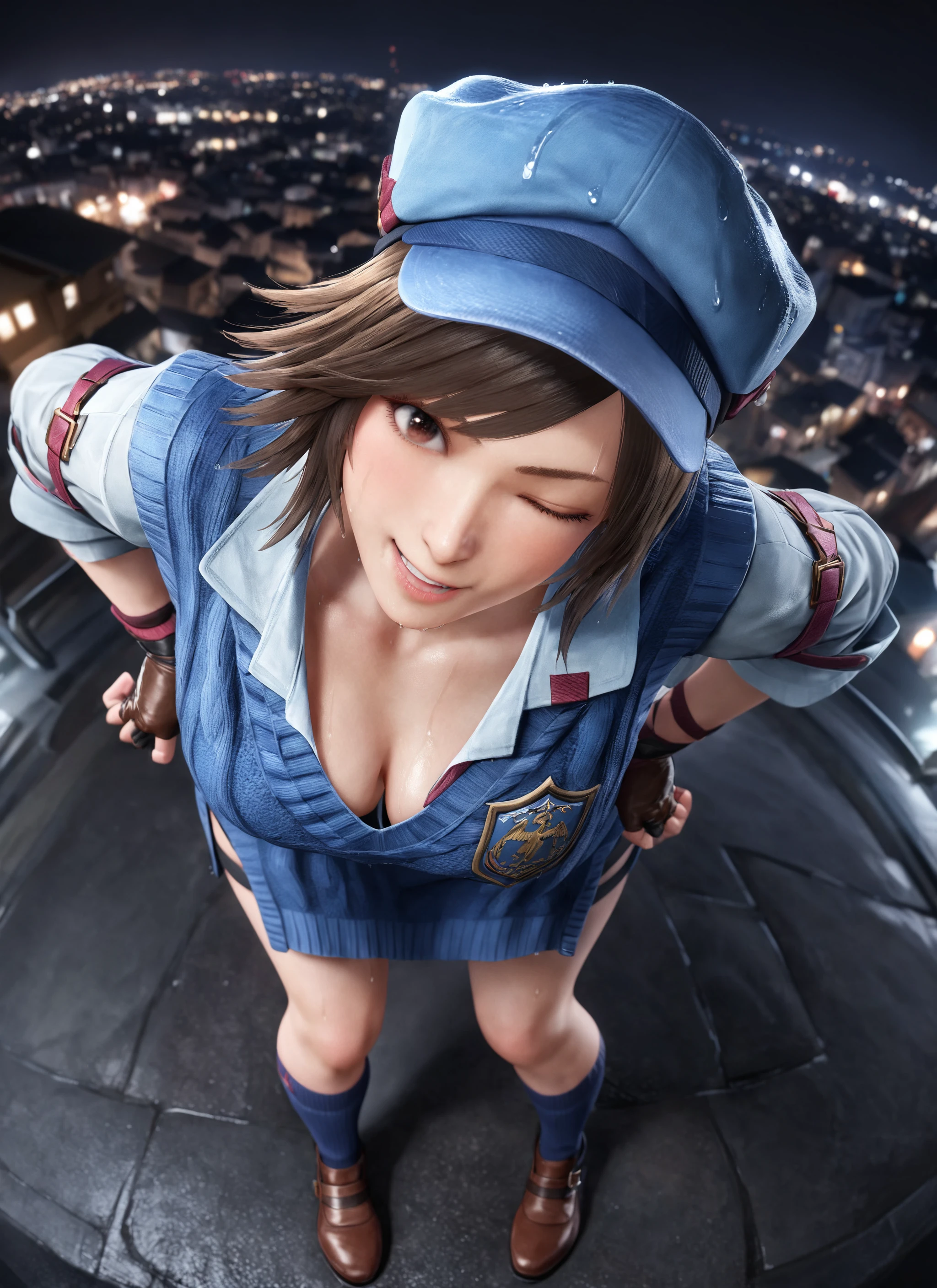 masterpiece, best quality, very aesthetic, absurdres, 1girl, asuka, brown hair, looking at viewer, hat, brown eyes, full body, fingerless gloves, socks, pointing at viewer, one eye closed, pov, smile, from above, city, rain, night, wet, cleavage, fisheye, hands on hips, from side, bent over,  <lora:asuka_animagineXLV31:0.8>