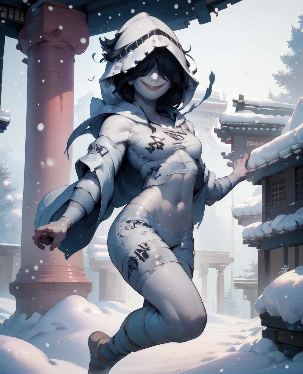 score_9,score_8_up,score_7_up,score_6_up,
flboltxl,pale skin,black hair,hair over eyes,
white bandages,navel,hood,chest sarashi,
smile,floating,
snow,temple,<lora:FlyingBolt:1>,