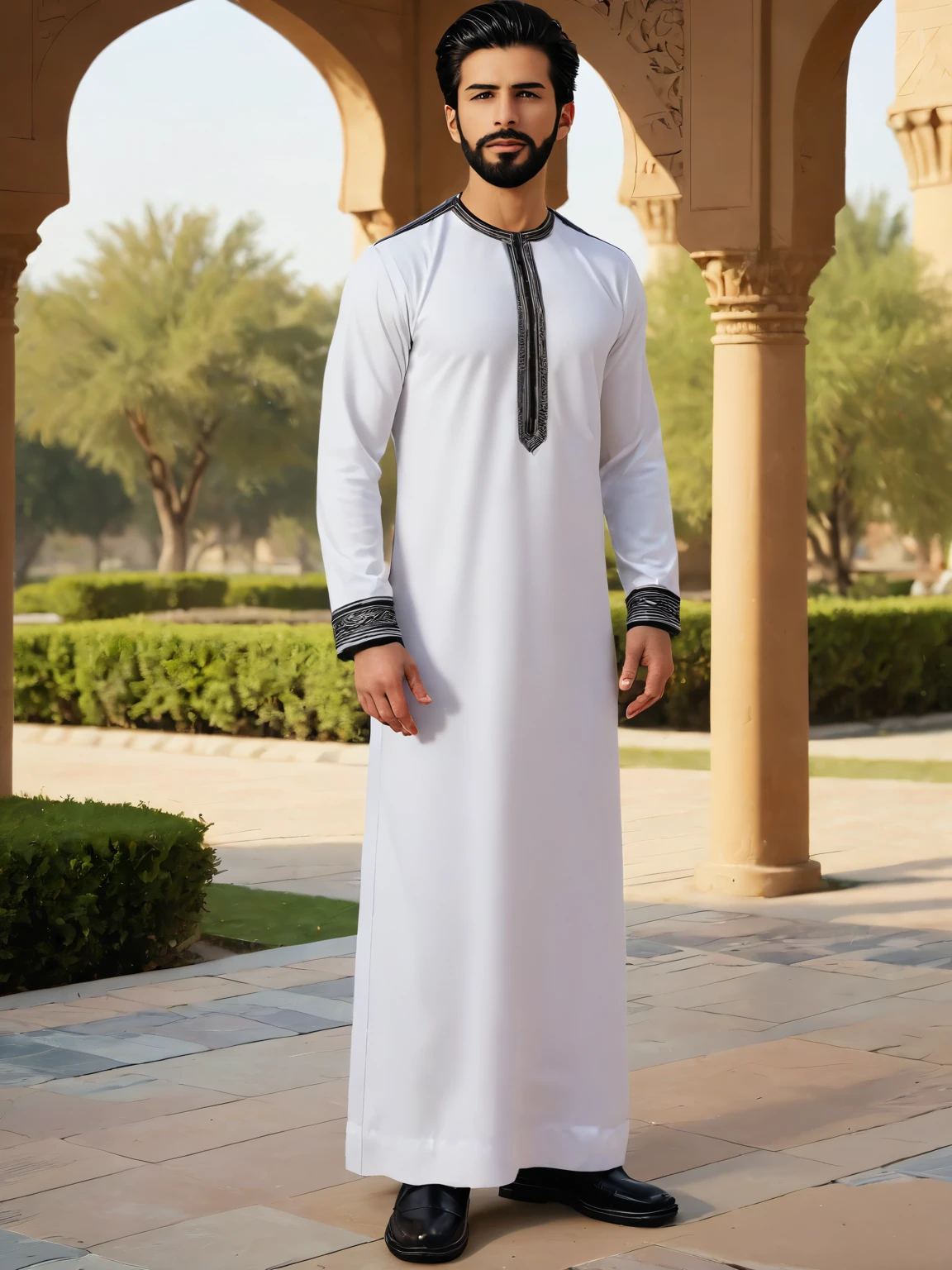 (masterpiece:1.3),(best quality:1.2),highres,sharp,photorealistic,realistic,UHD,
1boy,facial hair,beard,standing,(ghutra:1.2),black footwear,<lora:arab robe2:1>,park,thobe,arabian,