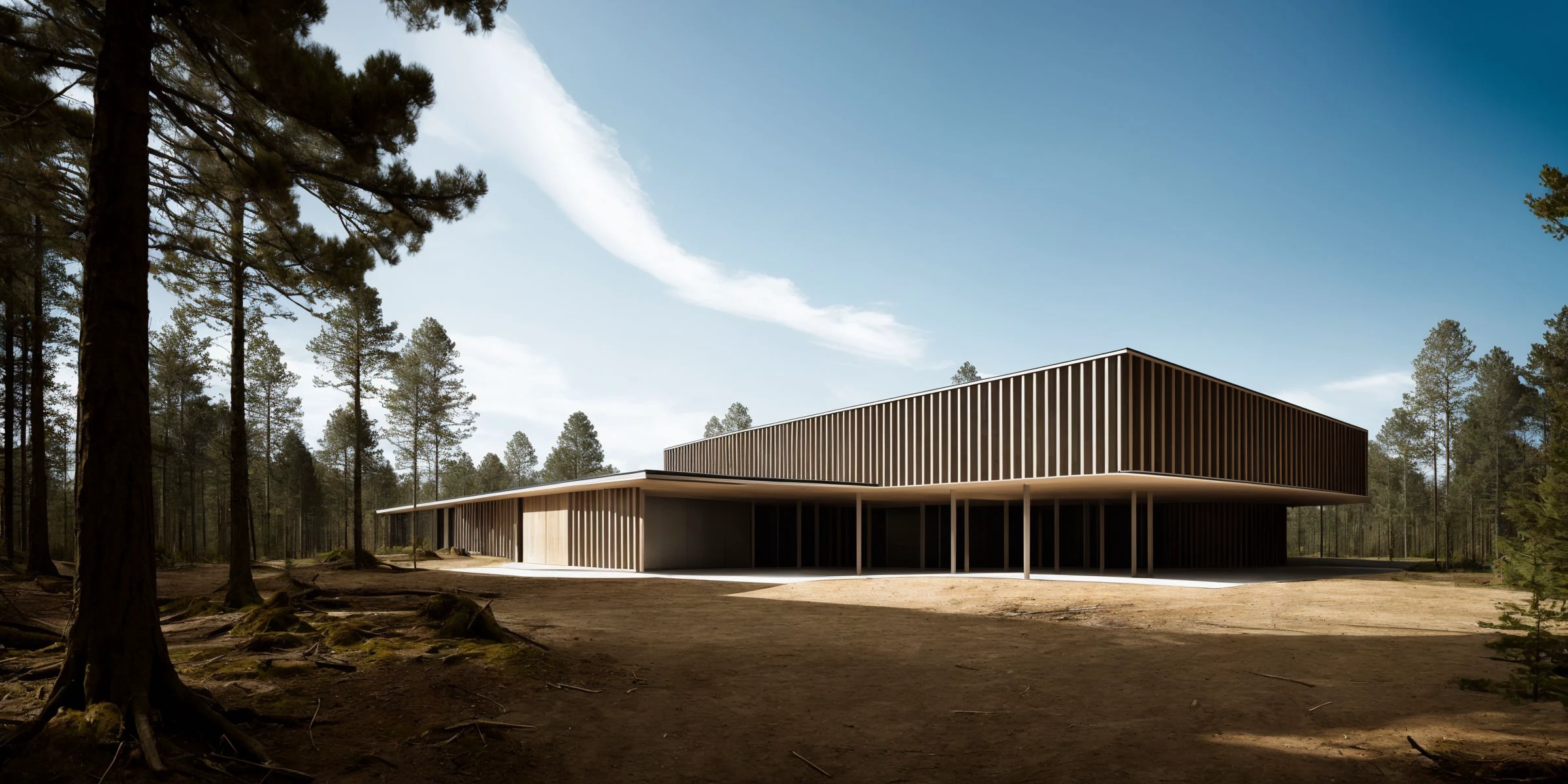 modern architecture style, photo realistic, hyper detailed photo, clean sky, human perspective, single box,single building,(day:1.3),forest, masterpiece, best quality, highres,