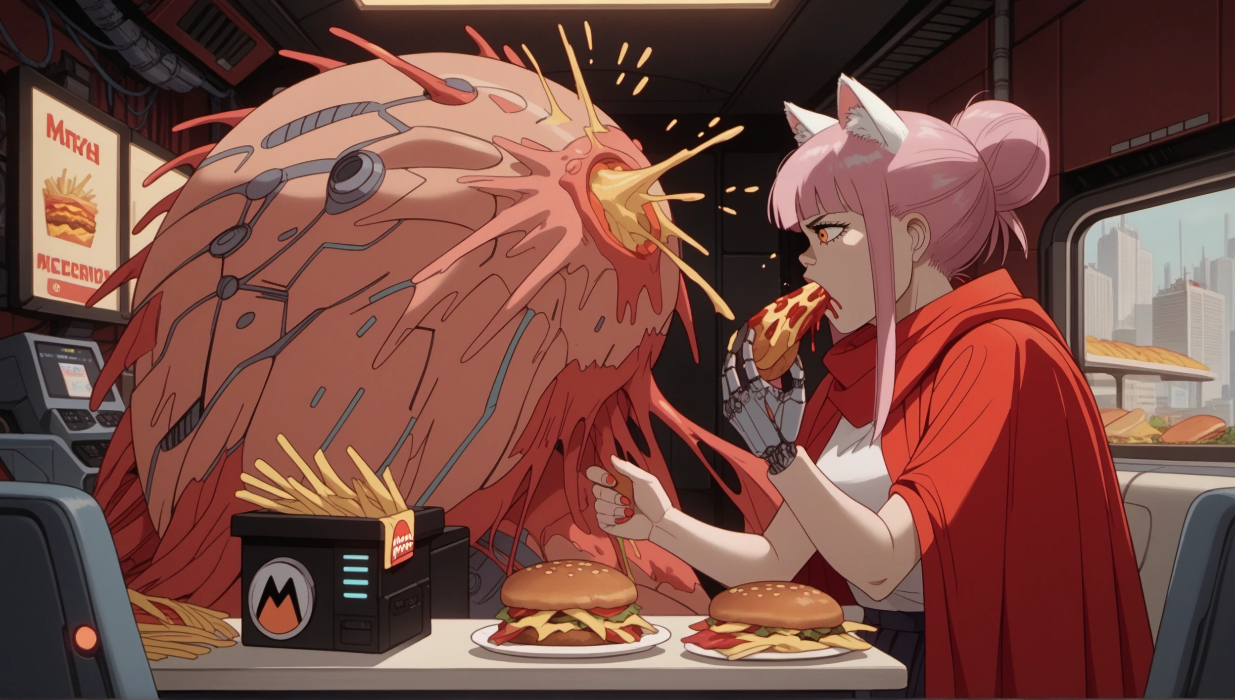 ZKZRZ, score_9, score_8_up, score_7_up, score_6_up, source_anime, monster, 1girl, catgirl, mcdonald's, holding cheeseburger, eating, french fries, orange eyes, sleepy, hime cut, pink hair, red cape, bubble skirt, shawl, hair bun, cybernetic limb factory, customizable robotic limbs, prosthetic enhancements, biomechanical engineering, white animal ear fluff, indoors