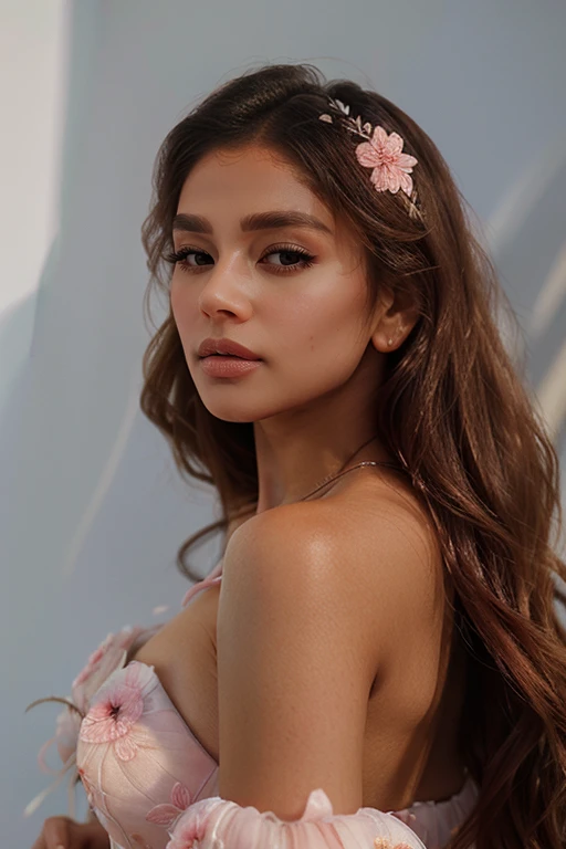 Blush pink tulle ball gown with floral embroidery. beautiful, masterpiece, best quality, extremely detailed face, perfect lighting, 1woman,  <lora:RedDelaCruz:1> , luscious lips, long hair, voluminous curls,  in front of a white wall,  outdoors, sunny weather <lora:great_lighting:1>