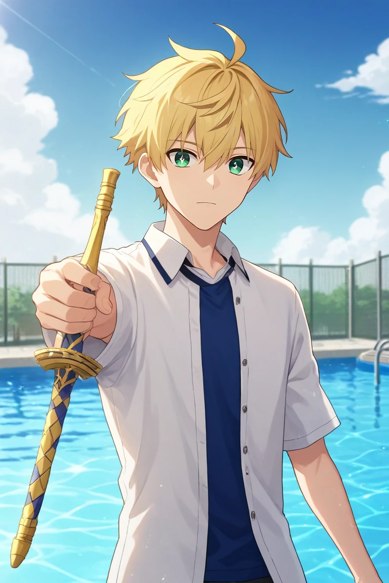 score_9, score_8_up, score_7_up, source_anime, rating_safe, , anime screencap, anime coloring, , looking at viewer, depth of field, 1boy, solo, male focus, <lora:arthur_pendragon_fate_pony:0.9>, arthur_pendragon_fate, blonde hair, green eyes, short hair, ahoge, hair between eyes, bangs, , holding sword, straight-on, pool, day, clouds, arm up, sparkling eyes, , <lora:sdxl_lightning_8step_lora:1>