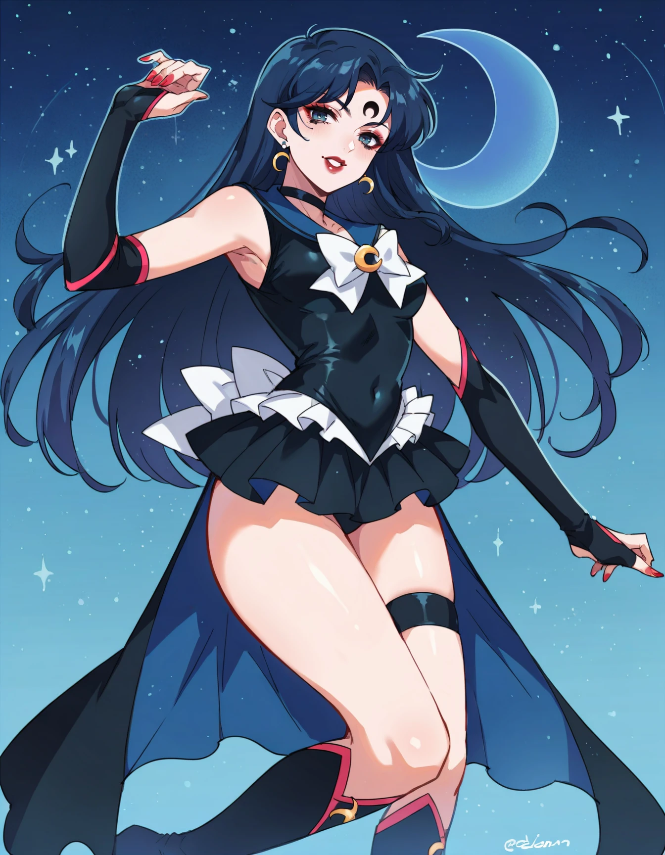 score_9, score_8_up, score_7_up, score_6_up, score_5_up, score_4_up, BREAK source_anime, <lora:EvlSM:0.7>, EvlSM, long legs, crescent, crescent facial mark, makeup, lipstick, mascara, eyeshadow, magical girl, starry sky, night time, beautiful background, sexy pose