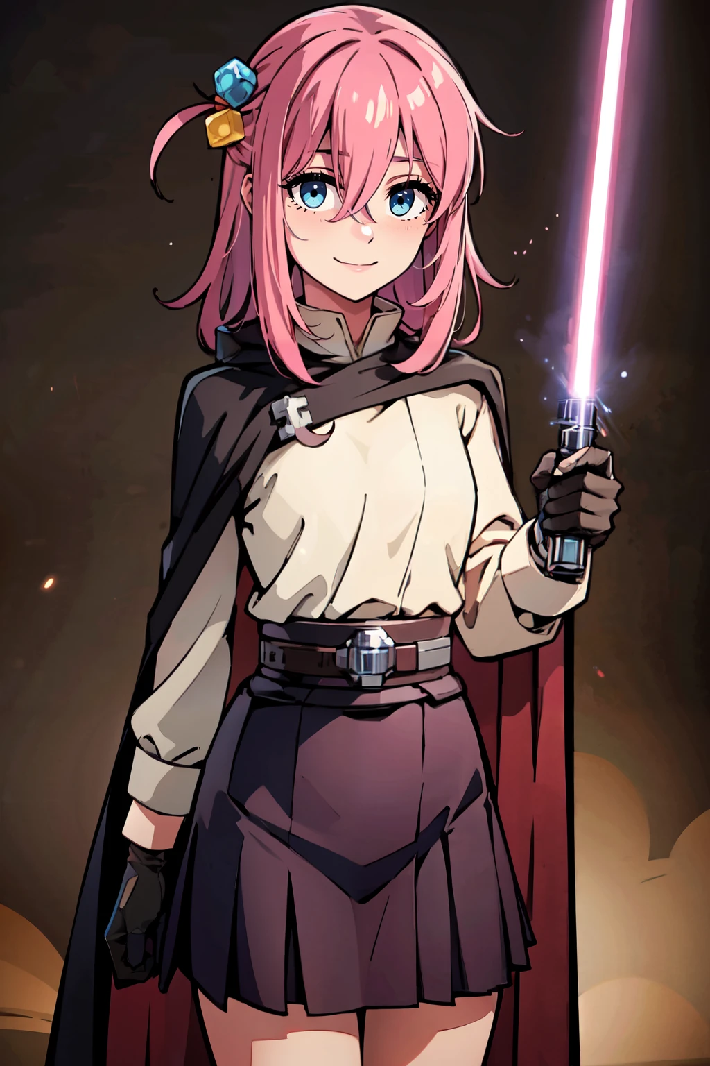 ((masterpiece, best quality)), absurdres,    ,<lora:LightSaber:0.8>, pink zzLightSaber, gloves, belt,  cape,    gotou1, gotou hitori, solo, skirt, bangs, hair between eyes, long sleeves, <lora:gotou_hitori_v1:0.7>,   smile, cowboy shot,