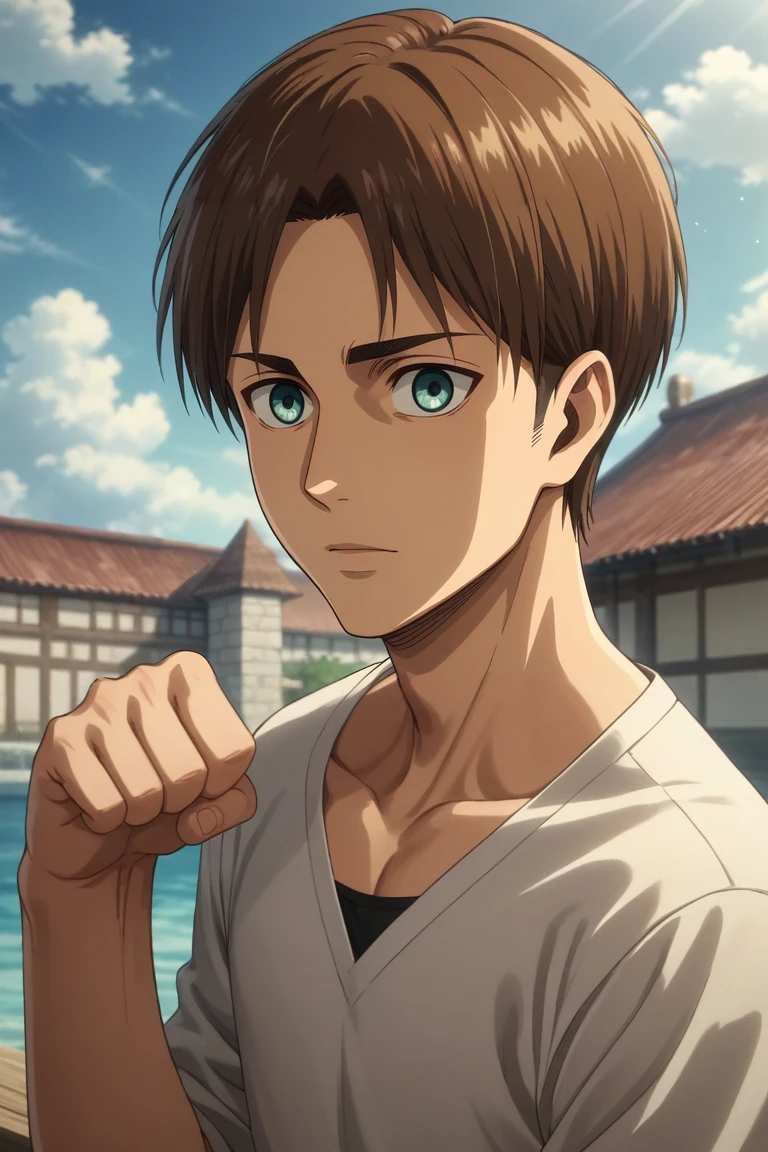 score_9, score_8_up, score_7_up, source_anime, rating_safe, intricate details, , , depth of field, 1boy, male focus, aquamarine eyes, brown hair,, solo, straight-on, dojo, day, clouds, paw pose, :D, <lora:shingeki_no_kyojin_style_pony:0.84>, shingeki_no_kyojin_style, <lora:sdxl_lightning_8step_lora:1>