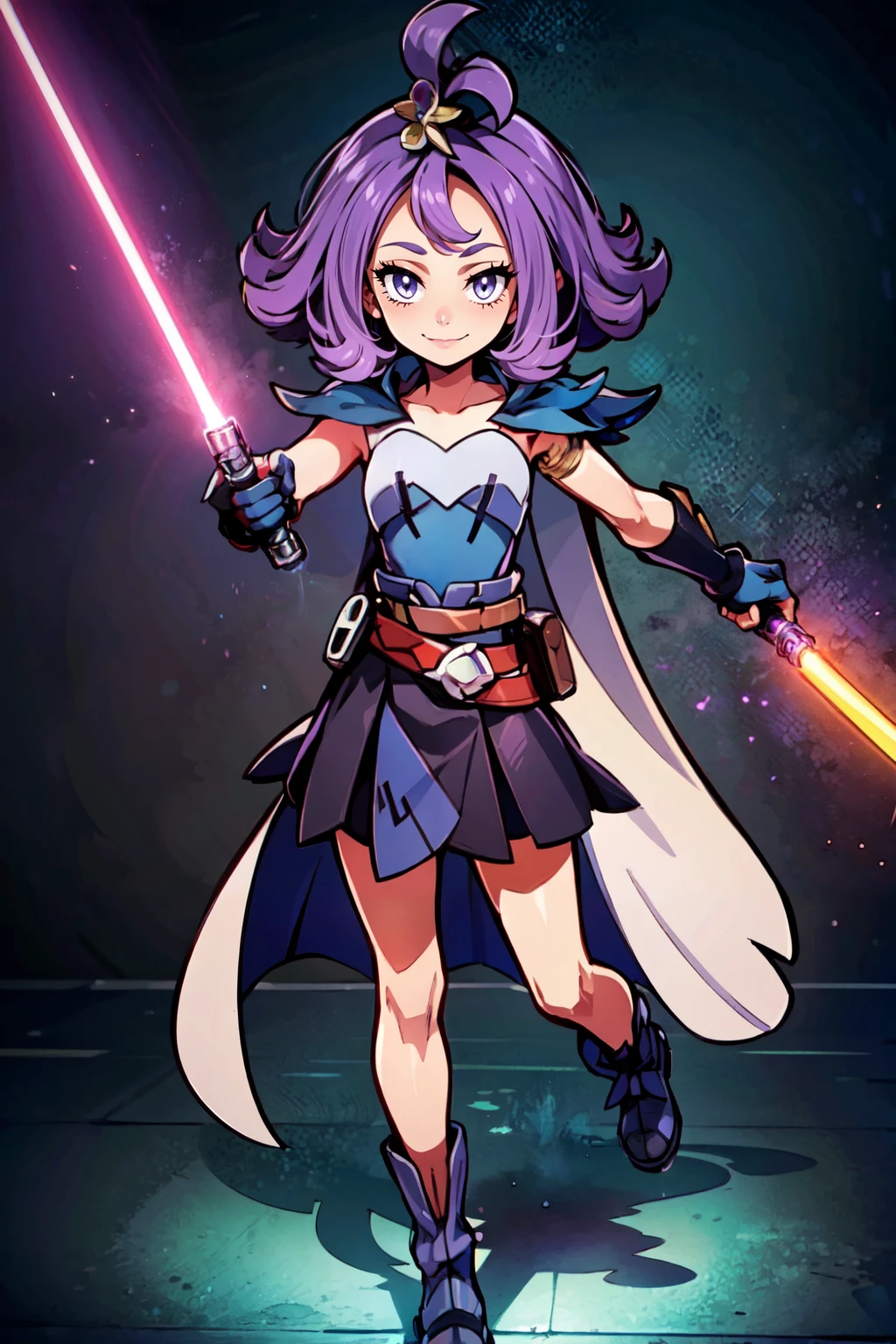 ((masterpiece,best quality)), ,<lora:LightSaber:0.8>, zzLightSaber, gloves, boots, elbow gloves, belt, cape, <lora:Acerola_Pokemon:0.8>, acerola (pokemon), purple hair, purple hair, topknot, flipped hair, smile, looking at viewer,