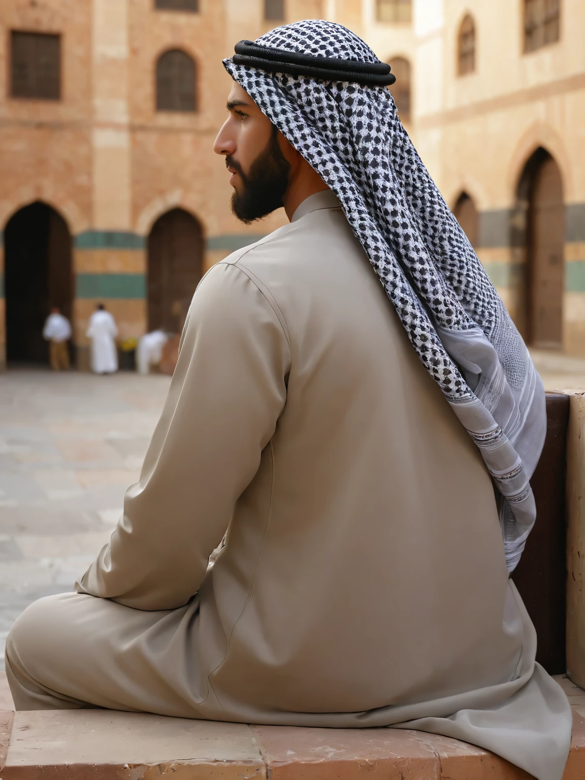 (masterpiece:1.3),(best quality:1.2),highres,sharp,photorealistic,realistic,UHD,
1boy,facial hair,beard,sitting,city,outdoors,(ghutra:1.2),arm support,thinking,from back,<lora:arab robe2:1>,thobe,arabian,