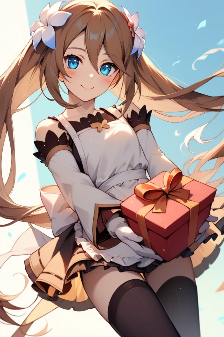 score_9, score_8_up, score_7_up, very aesthetic, source_anime, detailed, high quality, beautiful, masterpiece, detailed eyes,
<lora:lightXL:0.8>
indoor, blurry background,
cowboy shot, looking at viewer,
looking at viewer, smile, mouth closed, holding gift, blush sticker, apron,
<lora:marta_autismConfetti_v01:0.95>marta lualdi, blue eyes, brown hair, twintails, long hair, dress, hair ornament, hair between eyes, detached sleeves, knee boots, hair flower, white gloves, miniskirt, black thighhighs,, zPDXL