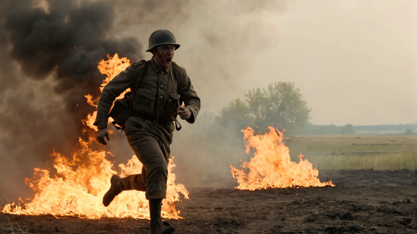 cinematic Film Still action shot a burning  immolation man soldier running on a ww1 battlefield  <lora:immolation-lightWeight:1>, seen from the side,