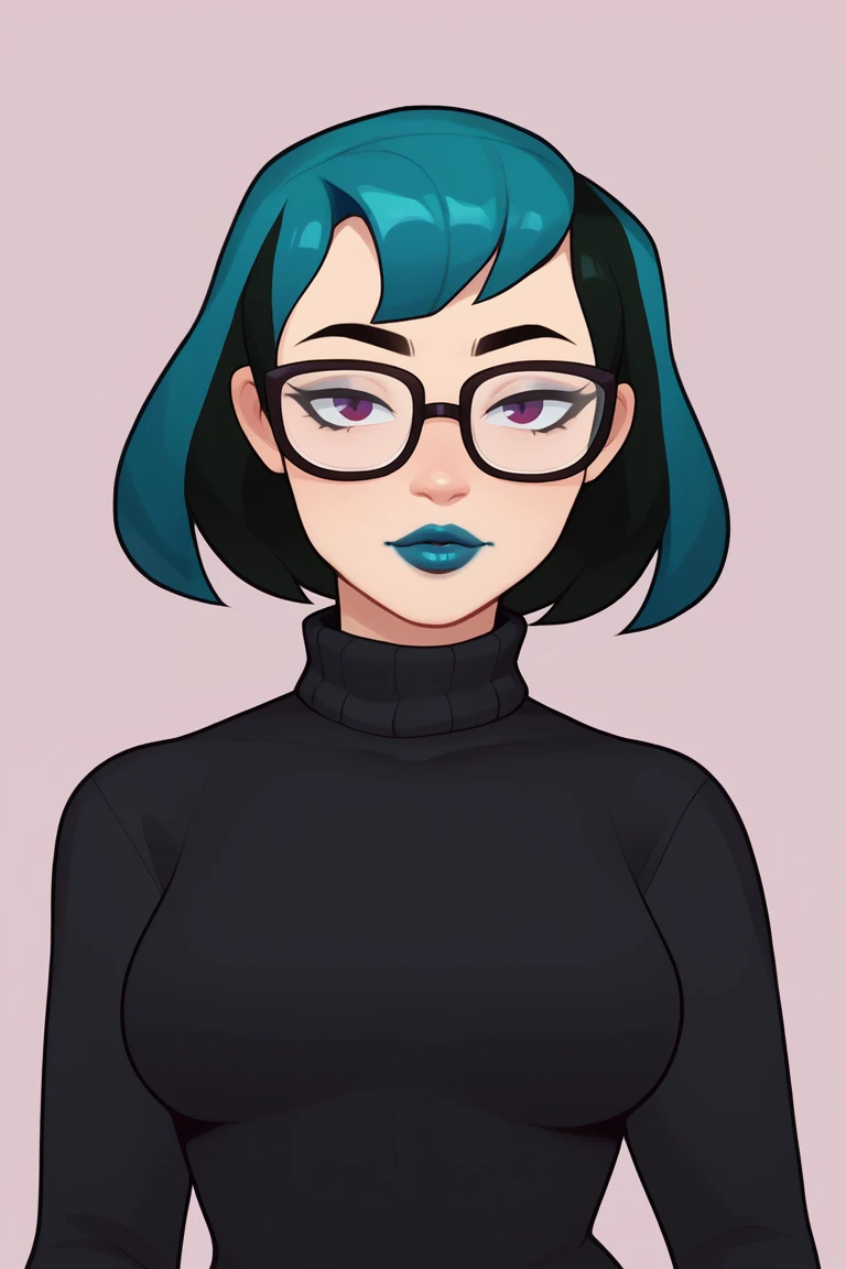 score_9, <lora:jamesab-guy-PONYv1:1>, 1girl, solo,  <lora:gwentd-guy-ponyv1:.8> gwentd, two-tone hair, lipstick, turtleneck sweater, glasses, looking at viewer, portrait, black sweater, breasts,