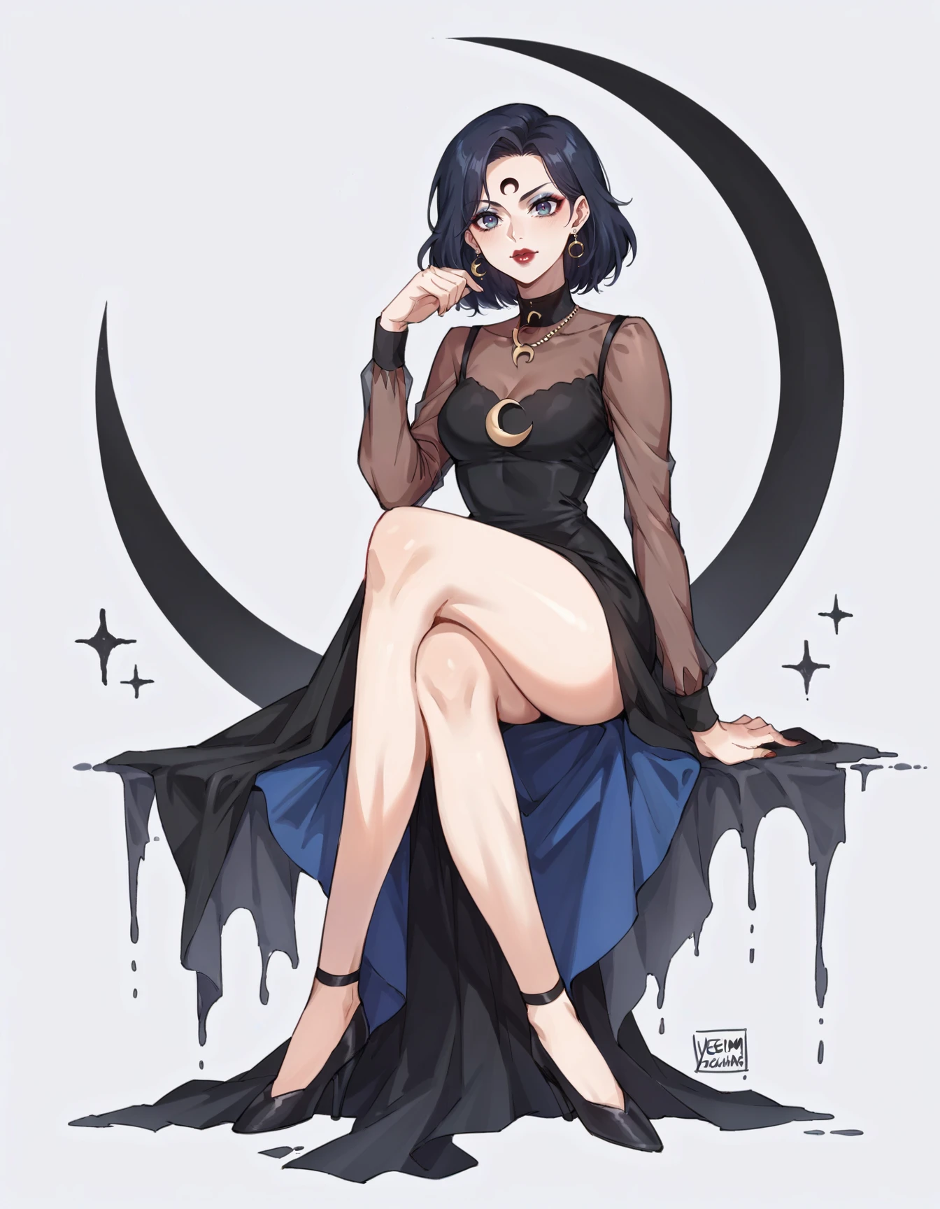 score_9, score_8_up, score_7_up, score_6_up, score_5_up, score_4_up, BREAK source_anime, <lora:EvlSM:0.7>, EvlSM, long legs, crescent, crescent facial mark, makeup, lipstick, mascara, eyeshadow, sitting, legs crossed