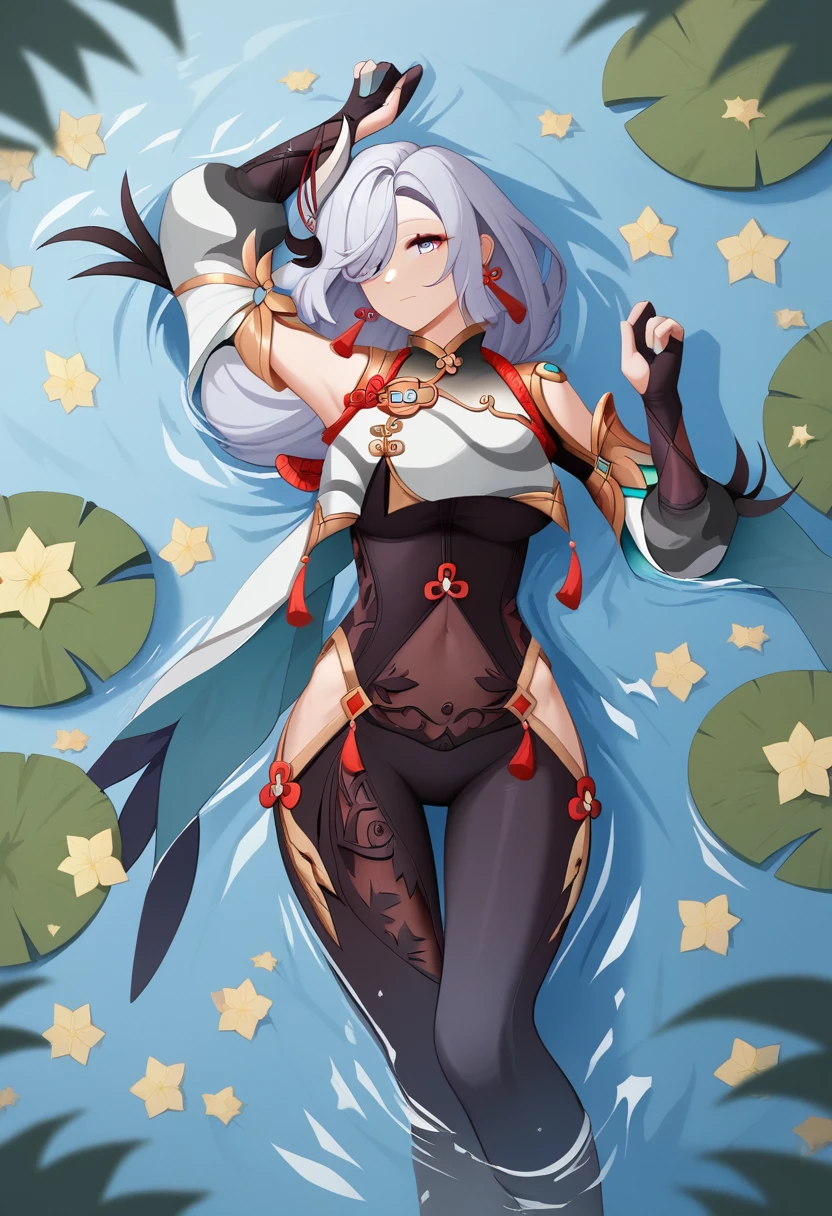 score_9,score_8_up,score_7_up,<lora:shenhe:1>,1girl, absurdres, black_bodysuit, blue_eyes, breast_curtain, bridal_gauntlets, chinese_clothes, closed_mouth, hair_over_one_eye, hair_spread_out, highres, hip_vent, long_hair, looking_at_viewer, lying_on_water, on_back, ripples, rope, shenhe_\(genshin_impact\), solo, white_hair