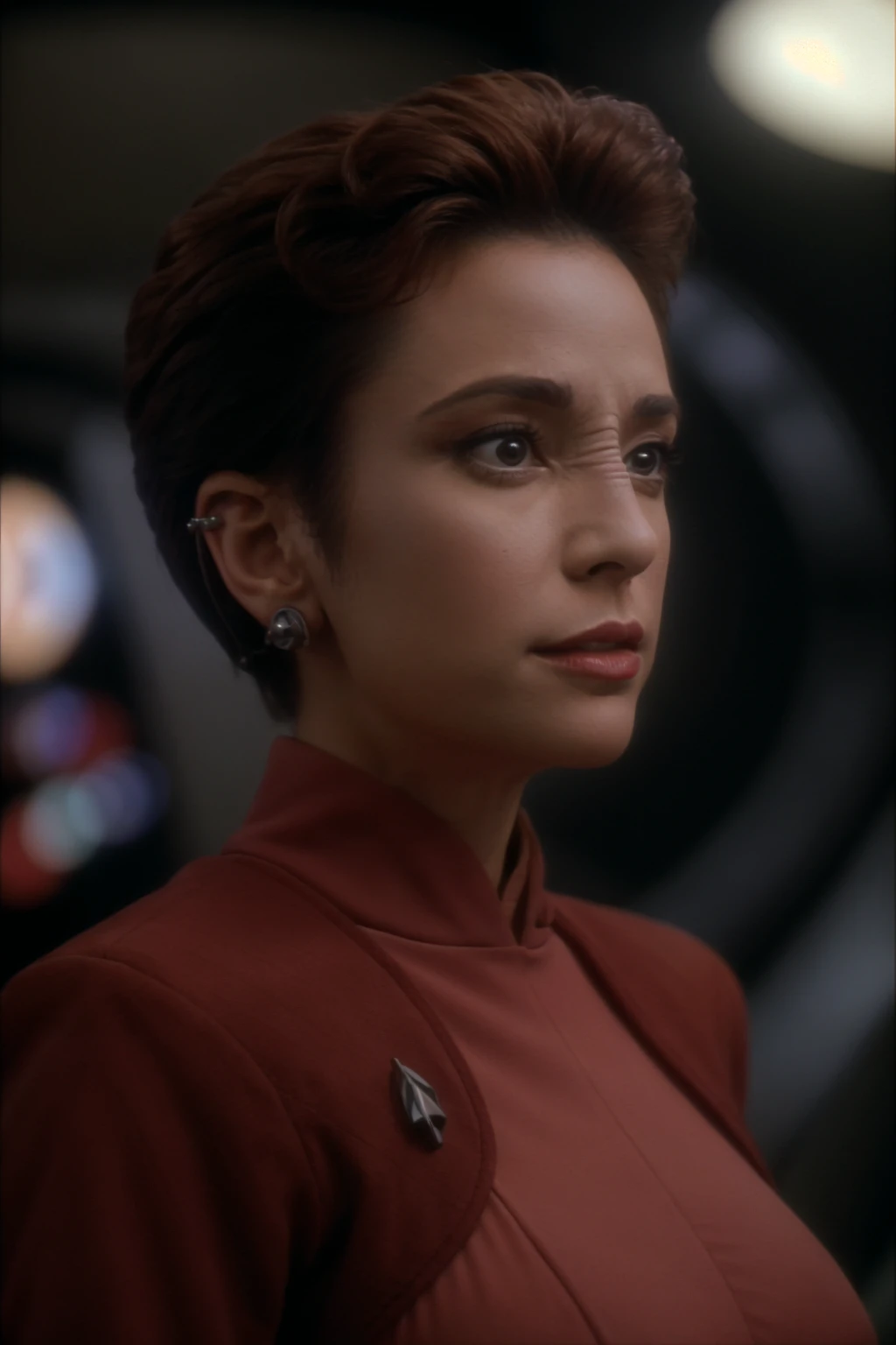 portrait of a woman, kiranerys, ds9background, dslr, raw photo,  tack sharp focus, ultra realistic, 8k,high quality, wearing a reduniform <lora:kiranerys:0.9>