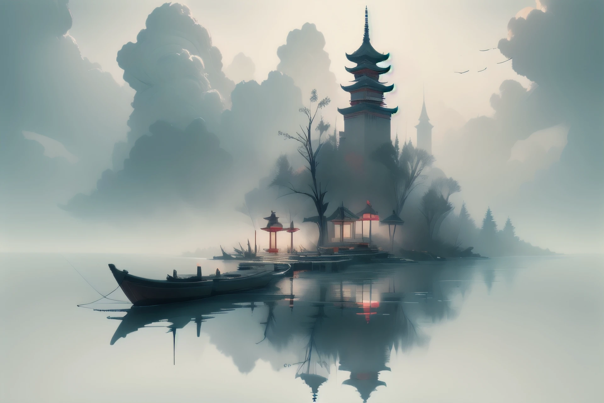 <lora:isekbd:1>,isekbd, outdoors, sky, cloud, water, lantern, bare tree, tower, red fog,reclective water,