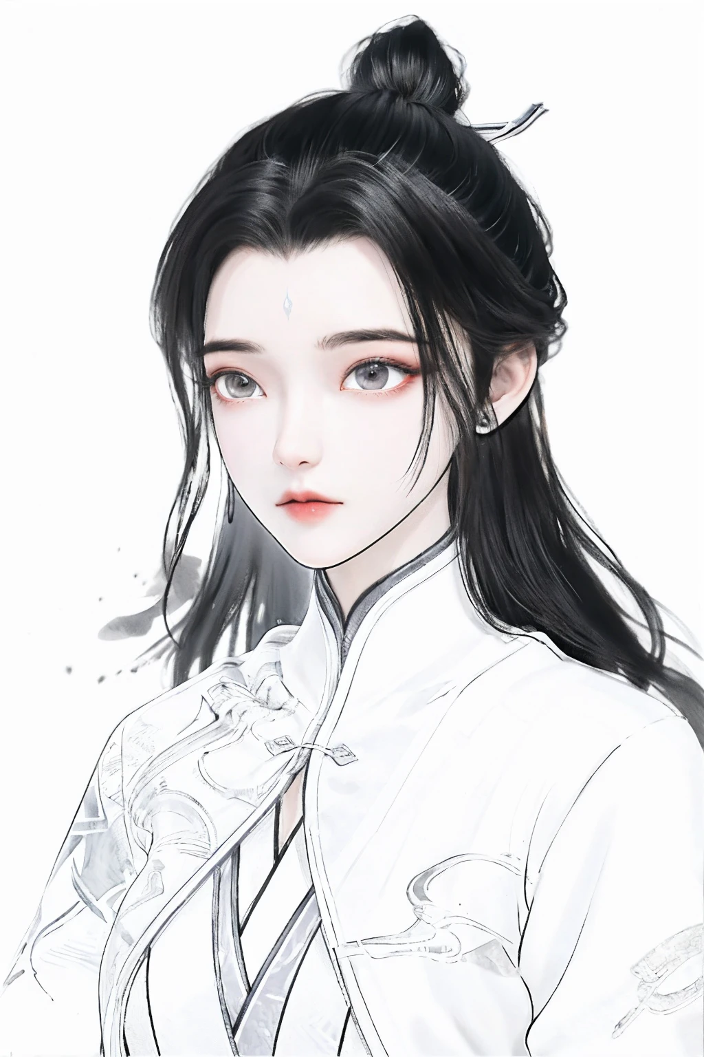 <lora:luxueqi-000001:1>,luxueqi,1girl,solo,long hair,black hair,hair ornament,white background,chinese clothes,upper body,jewelry,hair bun,earrings,simple background,forehead mark,dress,hair stick,closed mouth,facial mark,single hair bun,long sleeves,<lora:animeLineartMangaLike_v20Offset>,(monochrome:1.2),lineart,waterpaint,inkblot,beautiful detailed eyes,(long hair:1.6),<lora:Freehand_Brushwork:0.4>,waterpaint,ink wash painting,, best quality , masterpiece, illustration, an extremely delicate and beautiful, extremely detailed ,CG,unity,8k wallpaper, Amazing, finely detail, masterpiece, best quality,official art,extremely detailed CG unity 8k wallpaper,absurdres, incredibly absurdres, huge filesize , ultra-detailed, highres, extremely detailed,beautiful detailed girl, extremely detailed eyes and face, beautiful detailed eyes,light on face,