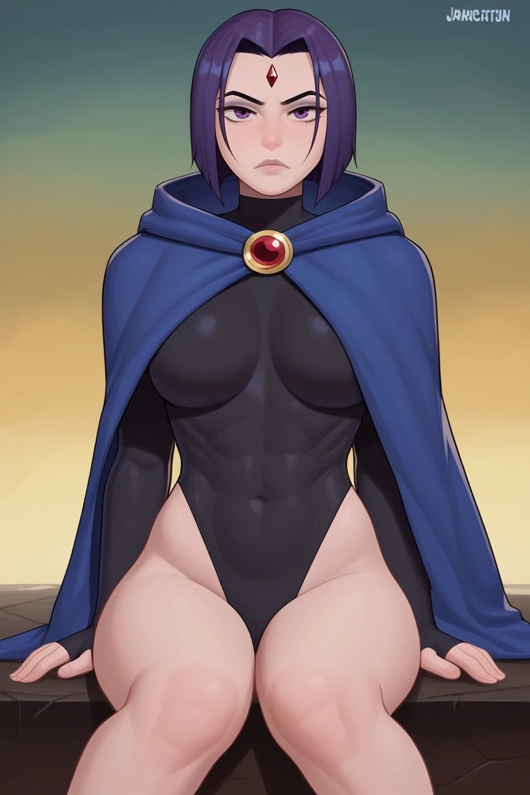 masterpiece, best quality, 1girl, rachelroth, purple hair, short hair, large breasts, grey skin:1.3, cape, nudity, pussy,, forehead jewel, ,  solo, meditating, sitting with crossed legs, eyes closed, dark room, floating, belt, hands down