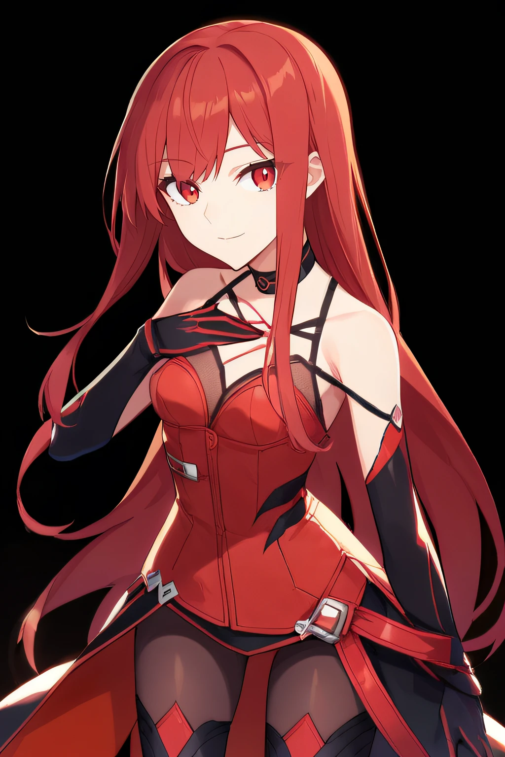 score_9, score_8_up, score_7_up, source_anime, rating_safe, intricate details, anime screencap, official style, <lora:Crimson_Avenger:1>, Elesis, red hair, long hair, red eyes, thighhighs, gloves, choker, collarbone, bare shoulders, red vest, black elbow gloves, black thigh boots, pantyhose, looking at viewer, cowboy shot, simple background, standing, black background, expressionless, hand on chest, smile
