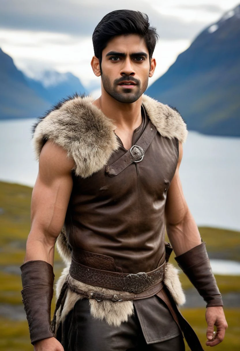 Ultra-detail, (highres:1.1), best quality, (masterpiece:1.3), Sacha Dhawan a man <lora:Rishabh-Jaiswal_Sacha-Dhawan:0.6>, a Viking warrior prince wearing fur and leather armor rags rising above a battlefield, scales, handsome 23yo Norway male model, dynamic posture posing, full-body from above, dramatic angle. hairy body, skinny muscled, perfect biceps, great pecs, thin waist, perfect jawline, strong and powerful, sporty, great detail, satisfaction,