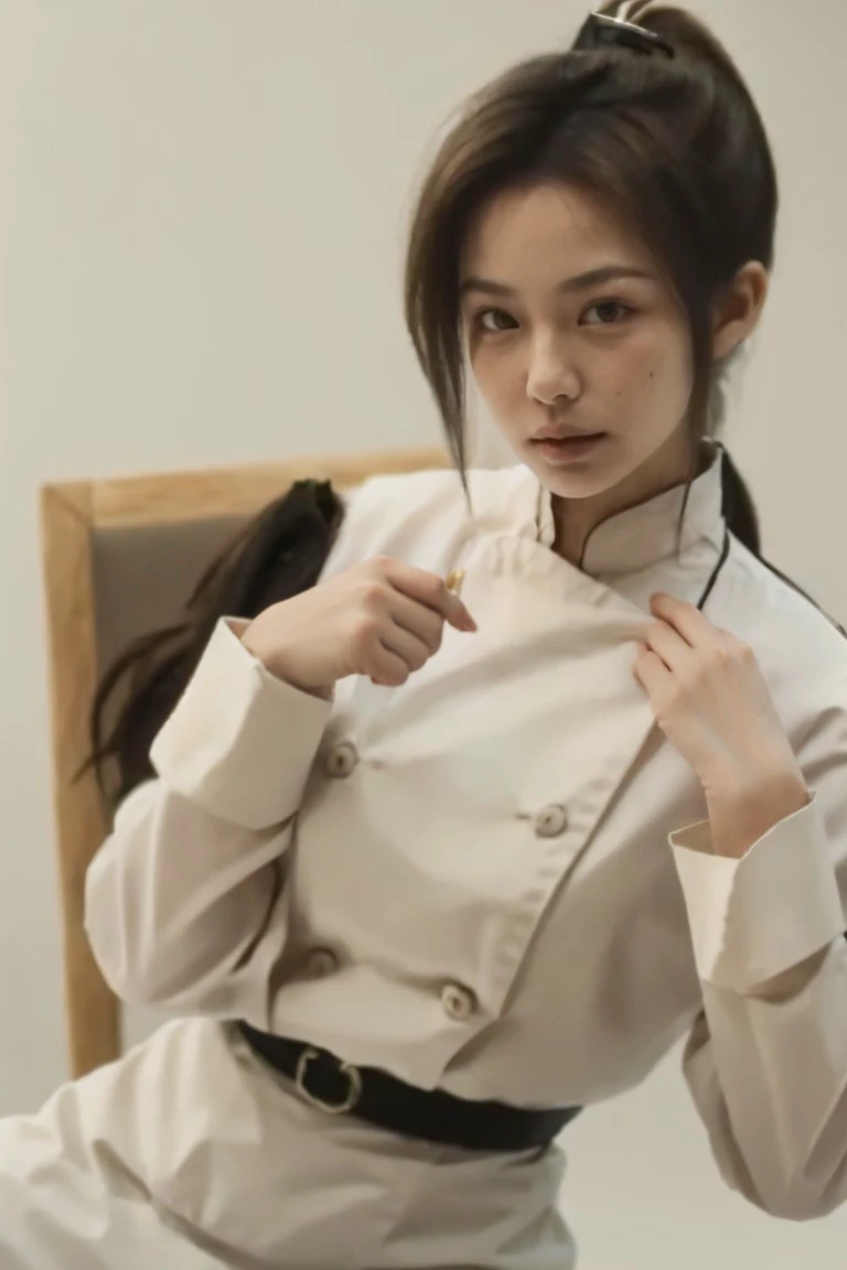 1girl, solo, large breasts, looking at viewer, realistic, photorealistic, large breasts, short hair, 
hyper detailed, super sharp, crisp, smooth, smooth gradients, depth of field, 
(in studio: 1.1), (white background: 1.1), ponytail, low ponytail, white long sleeves, pants, buttons, white pants, chef, (white chef:1.2),,
<lora:91porn_chuizitanhua_01:1>, <lora:breastsizeslideroffset:-0.3>, <lora:skin_slider_v2_1_FACE:0.5>, <lora:add_detail_v5:1>,