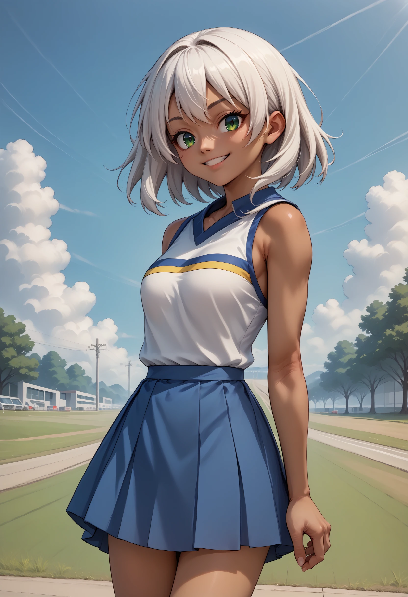 score_9, score_8_up, source_anime, 1girl, solo, white hair, green eyes, medium hair, dark skin, HaruCheerUniform, sleeveless, blue skirt, smile, outdoors, <lora:ChamHaruCheerUniformPonyXL:1>