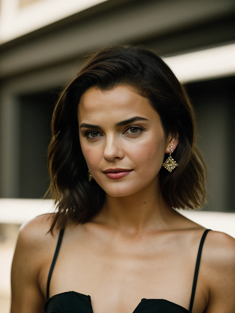Realistic photo of a beautiful k3r1rus woman, 1girl, solo, short hair, brown hair, dress, bare shoulders, brown eyes, jewelry, earrings, black dress, lips, strapless, strapless dress, hands on hips, realistic, professional Photography, Photorealistic, detailed, RAW, analog, sharp focus, 8k, HD, DSLR, high quality, Fujifilm XT3, film grain, award winning, masterpiece<lora:k3r1rus:1.0>
