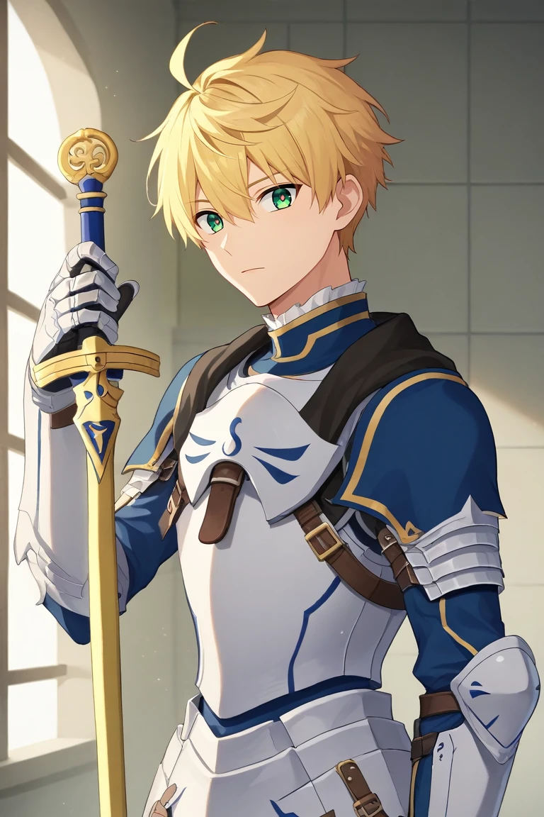 score_9, score_8_up, score_7_up, source_anime, rating_safe, , anime screencap, , , looking at viewer, , 1boy, solo, male focus, <lora:arthur_pendragon_fate_pony:0.9>, arthur_pendragon_fate, blonde hair, green eyes, short hair, ahoge, hair between eyes, bangs, armor, breastplate, gauntlets, pauldrons, holding sword, upper body, bathroom, indoors, light, singing, heart eyes, , <lora:sdxl_lightning_8step_lora:1>