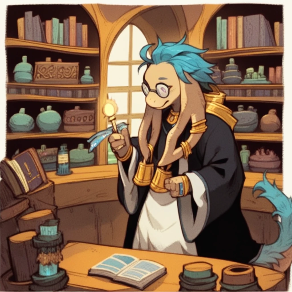 score_9, score_8_up, score_7_up, score_6_up, score_5_up, score_4_up, A Nu Mou scholar with beige fur and blue hair as well as tail fur, reads a magical book in a forgotten library lit by candlelight. Wearing glasses, golden jewelry, and a black robe, his expression is one of deep concentration. The dim candlelight highlights the textures of his robe and the gleam of his jewelry, contrasting with the library's shadowy ambiance.