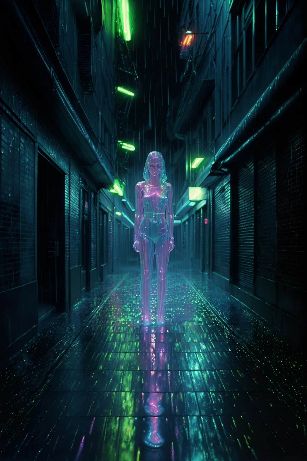 Neon-lit alley, rain-slicked pavement reflecting holographic graffiti, a trench-coated figure emerges from the shadows. , photo by Jerry Uelsmann ,1980s \(style\),  <lora:SDHK:0.75>