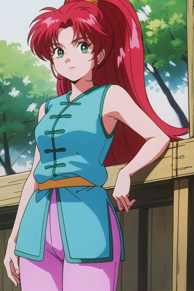 best quality,masterpiece,looking at viewer,1girl,absurdres,
depth of field,retro artstyle,1990s \(style\),<lora:021-ä¸åå°å½å®¶-卿¢
丽V2:0.7>,zhou meili,red hair,long hair,green eyes,ponytail,sleeveless,cyan chinese clothes,cyan vest,cloth belt,pink pants,