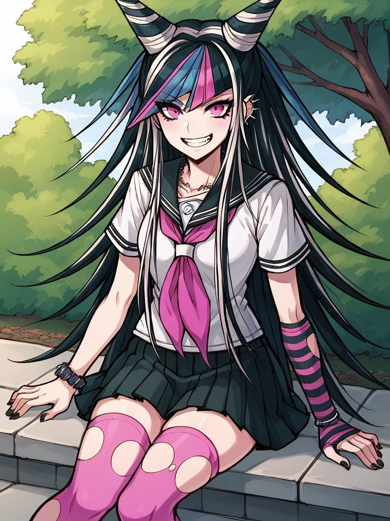 score_9, score_8_up, score_7_up, 1girl, Mioda Ibuki, black hair, blue hair, pink hair, white hair, very long hair, hair horns, pink eyes,

school uniform, short sleeves, black skirt, mismatched legwear, thighhighs, torn legwear, striped sleeve, pink legwear, blue legwear,

grin, sitting, outdoors, park, looking at viewer,