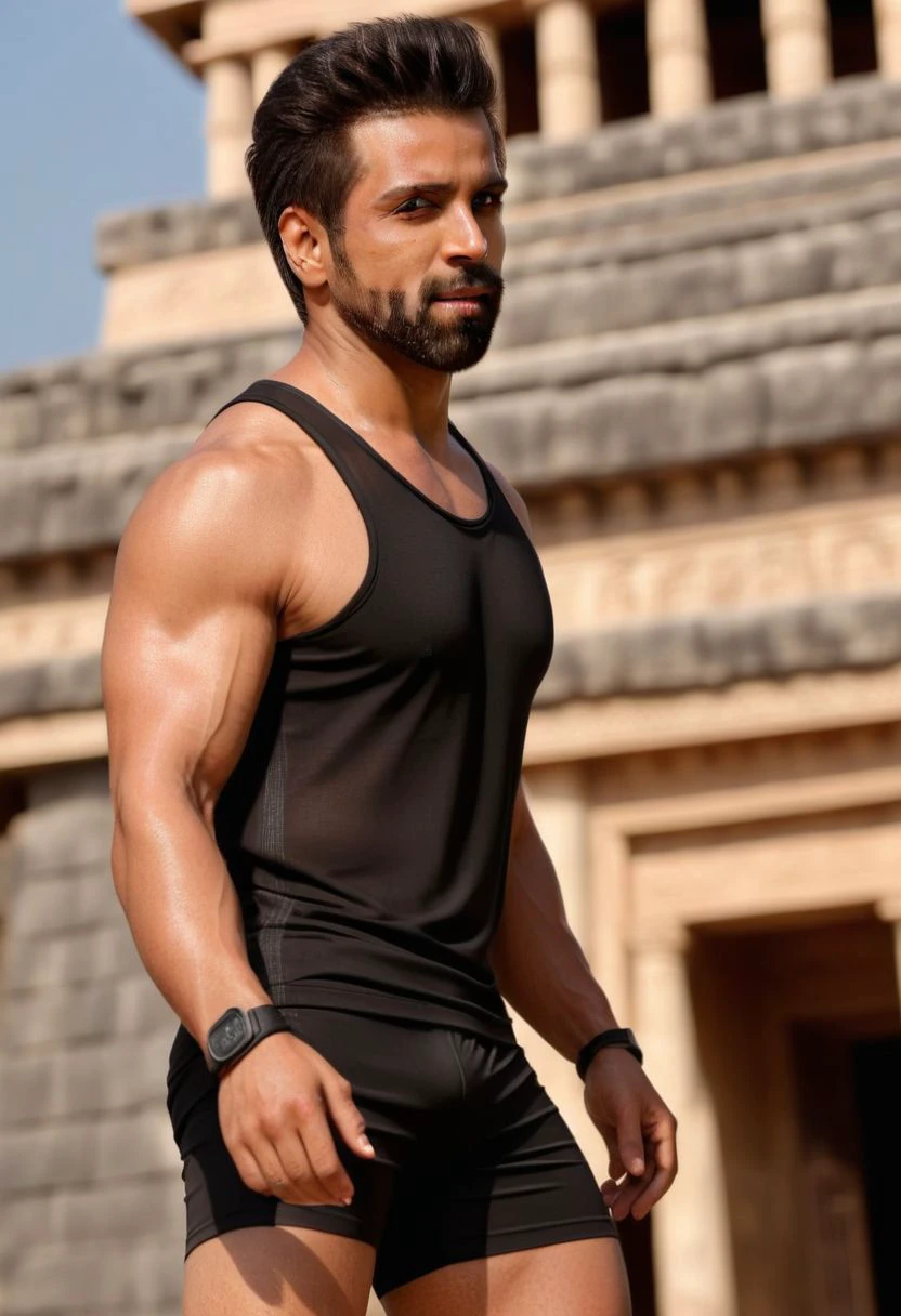 a photo of mike vogel a man <lora:Rithvik-Dhanjani_Mike-Vogel:1>, full-body from below, from side looking away, a muscular, (lean:1.8) (slender:1.4) (slim:0.0), aesthetic physique, detailed face and body, sweaty, fitness champion wearing wet tank top and cycling shorts, in front of an ancient Mayan temple, extremely realistic, best quality, 4K, masterpiece, detailed, intricate, high quality, highres, filmic, masterpiece realistic, best high quality