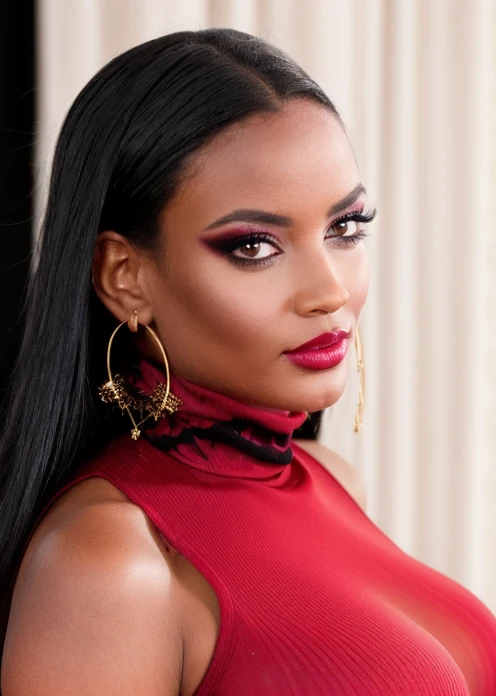 half body of A captivating masterpiece of an woman, (((dressed in a turtleneck Blouse))), The intricate lace and gold details exude a very rebellious aura. ((A bold and daring makeup look featuring ombre lips that transition from a deep, dark red at the center to a glossy black at the outer edges. The lips are expertly lined and filled in with precision, creating a gradient effect that is both edgy and sophisticated)). ((The use of high-shine gloss adds a touch of glamour and dimension to the look)), ((while the deep red and black hues give it a dramatic, vampy vibe)), The background is a dark old manor room with fireplace only giving light to room, architecture creating a exigent atmosphere., low-key photography:1.3, one rim side light, narrow lighting,, only one light source, facing camera, shallow depth of field  <lora:MS_SamanthaCruuz_V1_32:0.8>