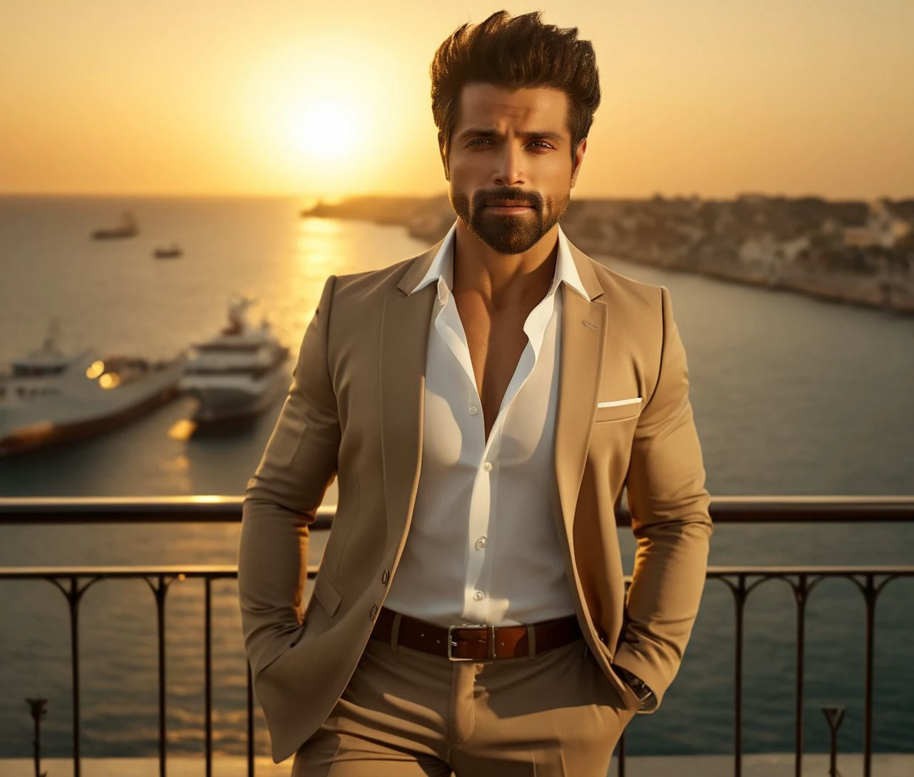 Nautical-themed (Photo:1.3) of (Ultrarealistic:1.3) <lora:Man_Men_FFashion:1> mike vogel a man <lora:Rithvik-Dhanjani_Mike-Vogel:1> in a tan suit standing on a balcony, sun behind him, inspired by Pablo Munoz Gomez, shot at golden hour, editorial photograph, midshot of a hunky, by Roman Bezpalkiv, by Artur Tarnowski, maxim sukharev, by Gabor Szikszai,Highly Detailed,(Mono Color:1.3) . Sea, ocean, ships, maritime, beach, marine life, highly detailed