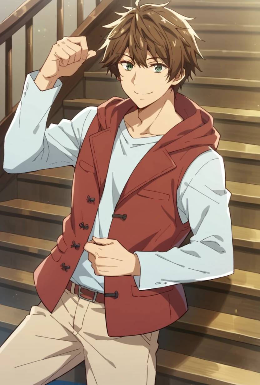 score_9, score_8_up, kajiwara akihito, 1boy, solo, brown hair, green eyes, red vest, hood, white shirt, beige pants, smile, happy, looking at viewer, stairs, shine, japanese sanctuary