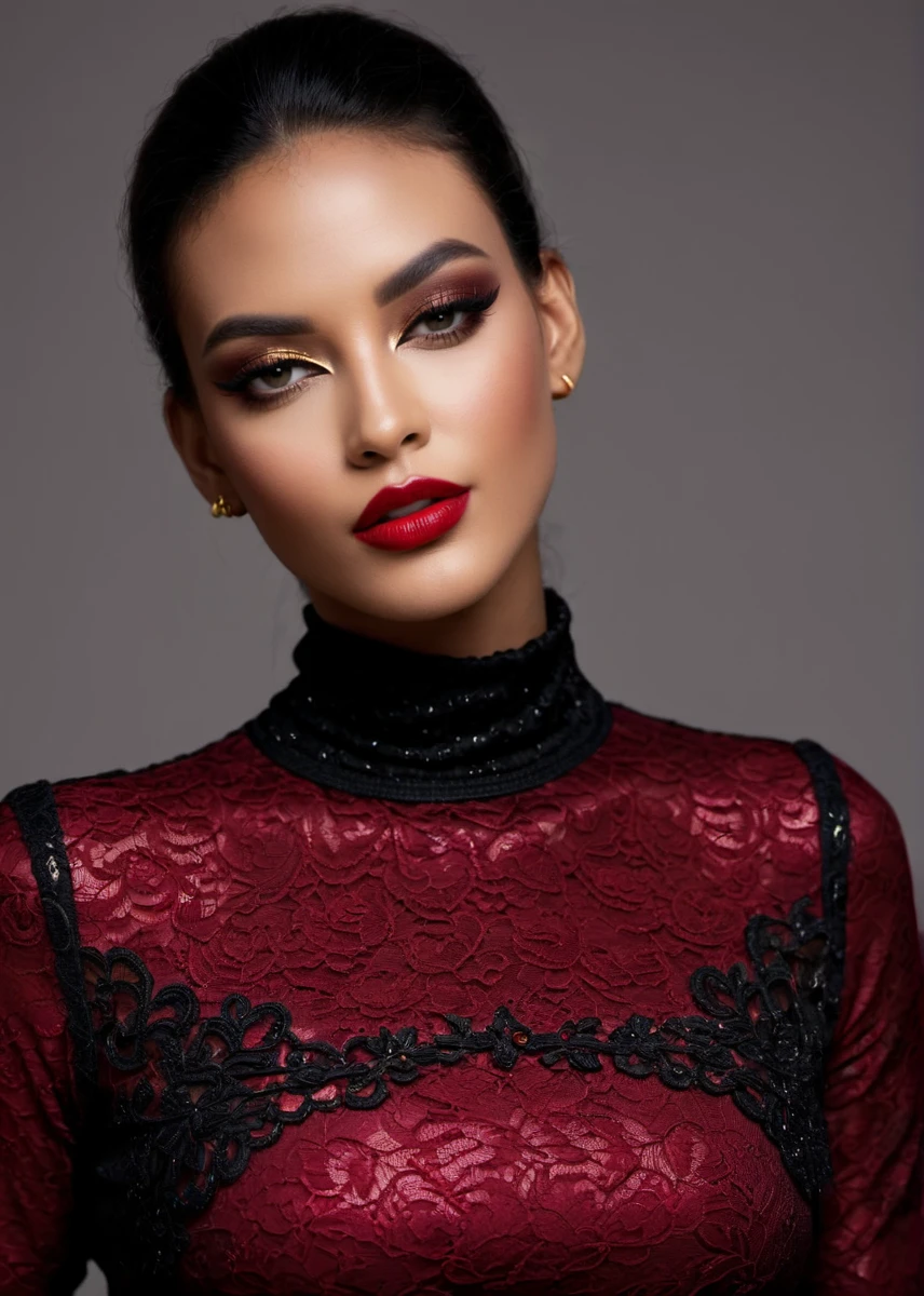 fashion editorial style, half body of A captivating masterpiece of an woman, (((dressed in a turtleneck Blouse))), The intricate lace and gold details exude a very rebellious aura. ((A bold and daring makeup look featuring ombre lips that transition from a deep, dark red at the center to a glossy black at the outer edges. The lips are expertly lined and filled in with precision, creating a gradient effect that is both edgy and sophisticated)). ((The use of high-shine gloss adds a touch of glamour and dimension to the look)), ((while the deep red and black hues give it a dramatic, vampy vibe)), low-key photography:1.3, one rim side light, narrow lighting, only one light source, facing camera, shallow depth of field, high fashion, trendy, stylish, editorial, magazine style, professional, highly detailed, 8K, <lora:MS_SamanthaCruuz_V1_SDXL:0.8>
