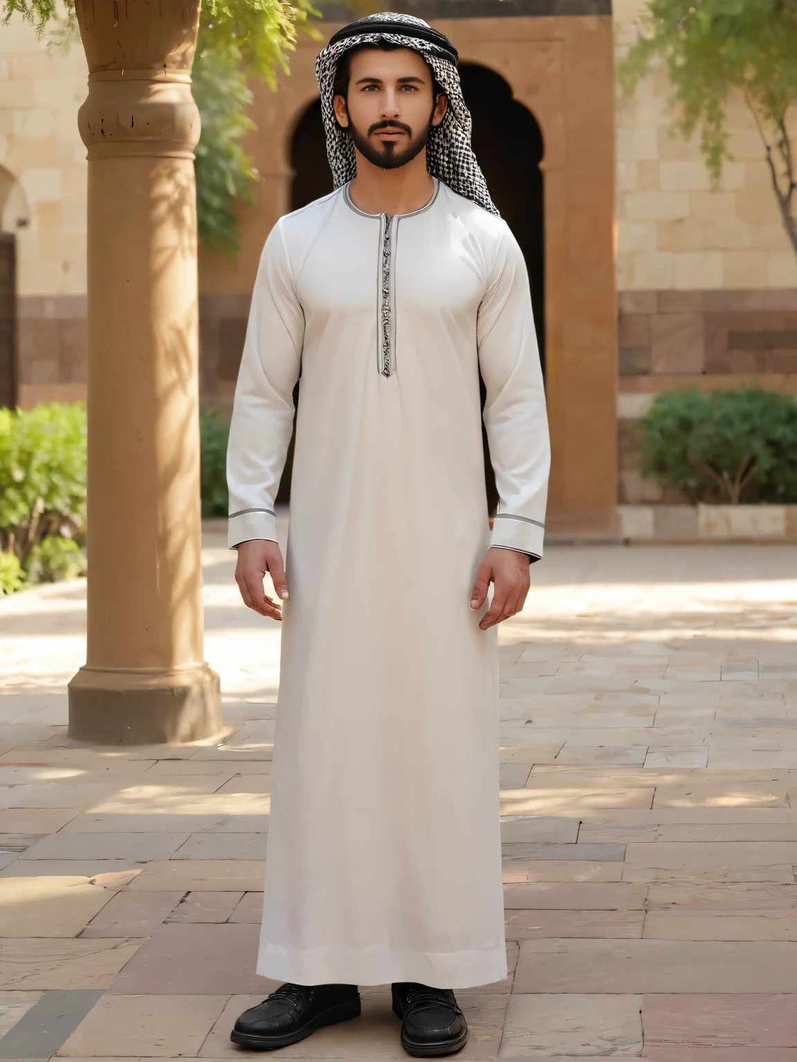 (masterpiece:1.3),(best quality:1.2),highres,sharp,photorealistic,realistic,UHD,
1boy,facial hair,beard,standing,(ghutra:1.2),black footwear,<lora:arab robe2:1>,park,thobe,arabian,
