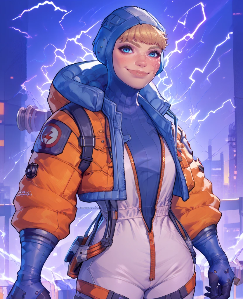 score_9,score_8_up,score_7_up,score_6_up,
wattsonxl,bangs,blue eyes,scar on face,
looking at viewer,smile,
turtleneck,head cap,white Jumpsuit,orange jacket,
standing,
cyberpunk,electricity,electric fence,<lora:wattson:1>,