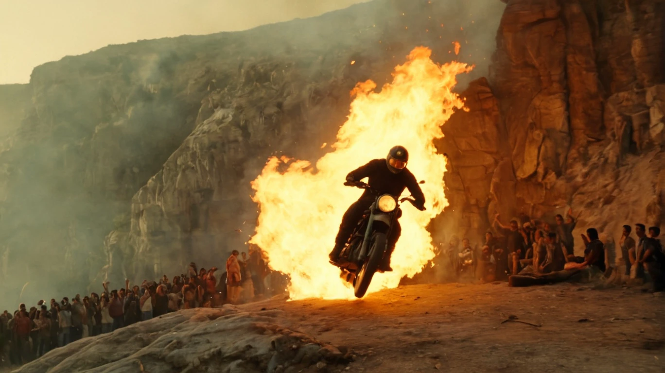 cinematic Film Still action shot a burning  immolation stuntman  jumping a motorcycle over a cliff    <lora:immolation-lightWeight:1>, crowd cheering