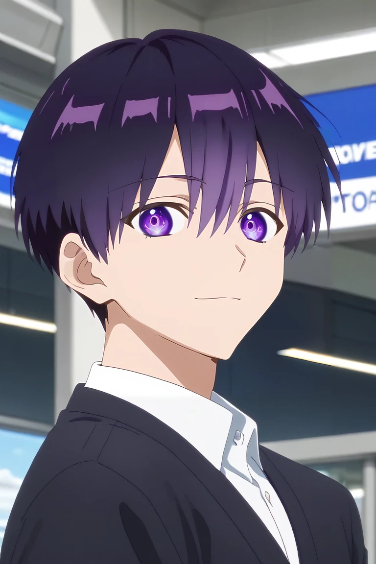 score_9, score_8_up, score_7_up, source_anime, rating_safe, , , looking at viewer, , 1boy, solo, male focus, <lora:yuuki_izumi_pony:0.98>, yuuki_izumi, purple hair, purple eyes, short hair, hair between eyes, close-up, airport, indoors, light, lying, on back, smirk, suit trousers, fedora, <lora:sdxl_lightning_8step_lora:1>