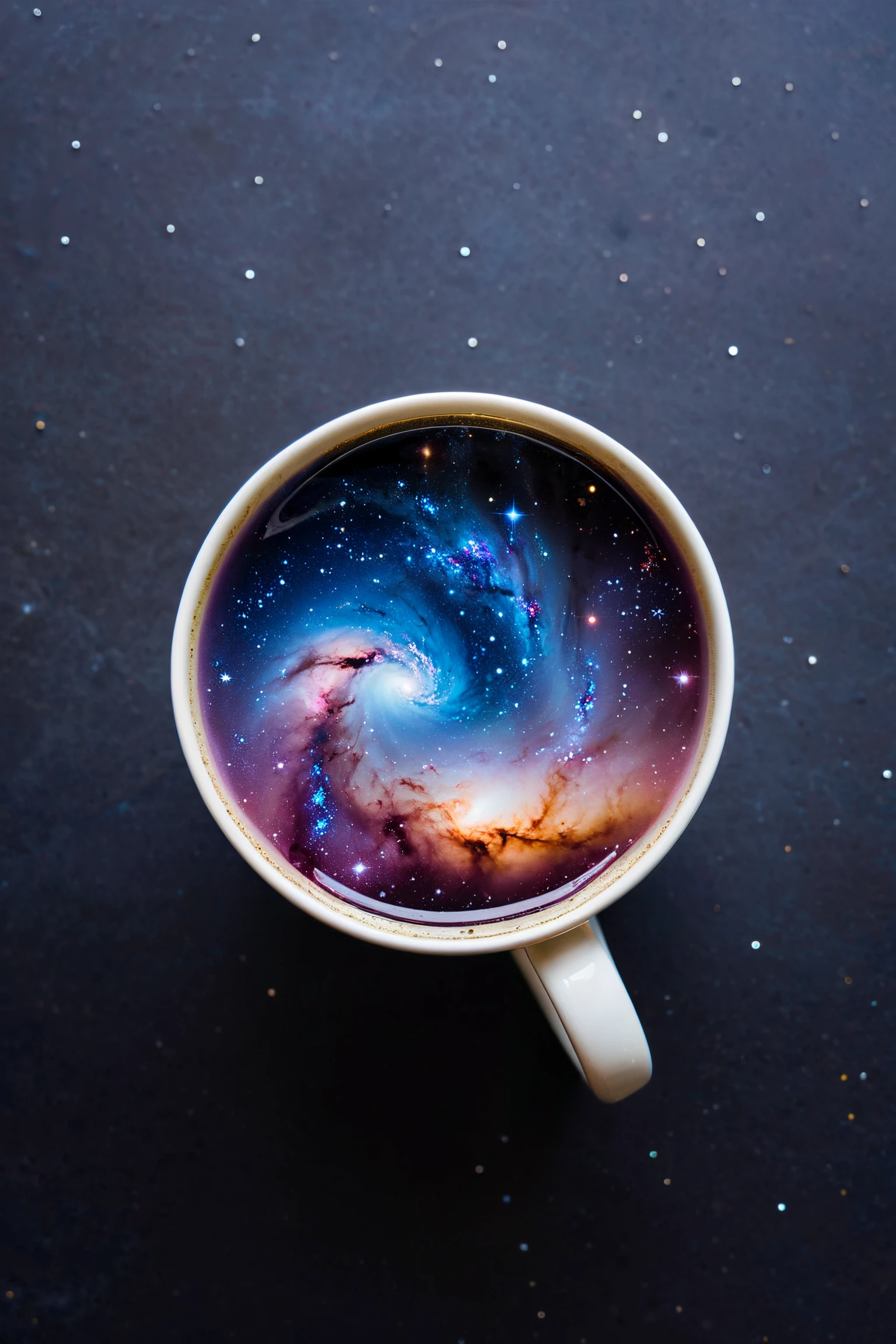 a galaxy in the cup, top view, realistic
