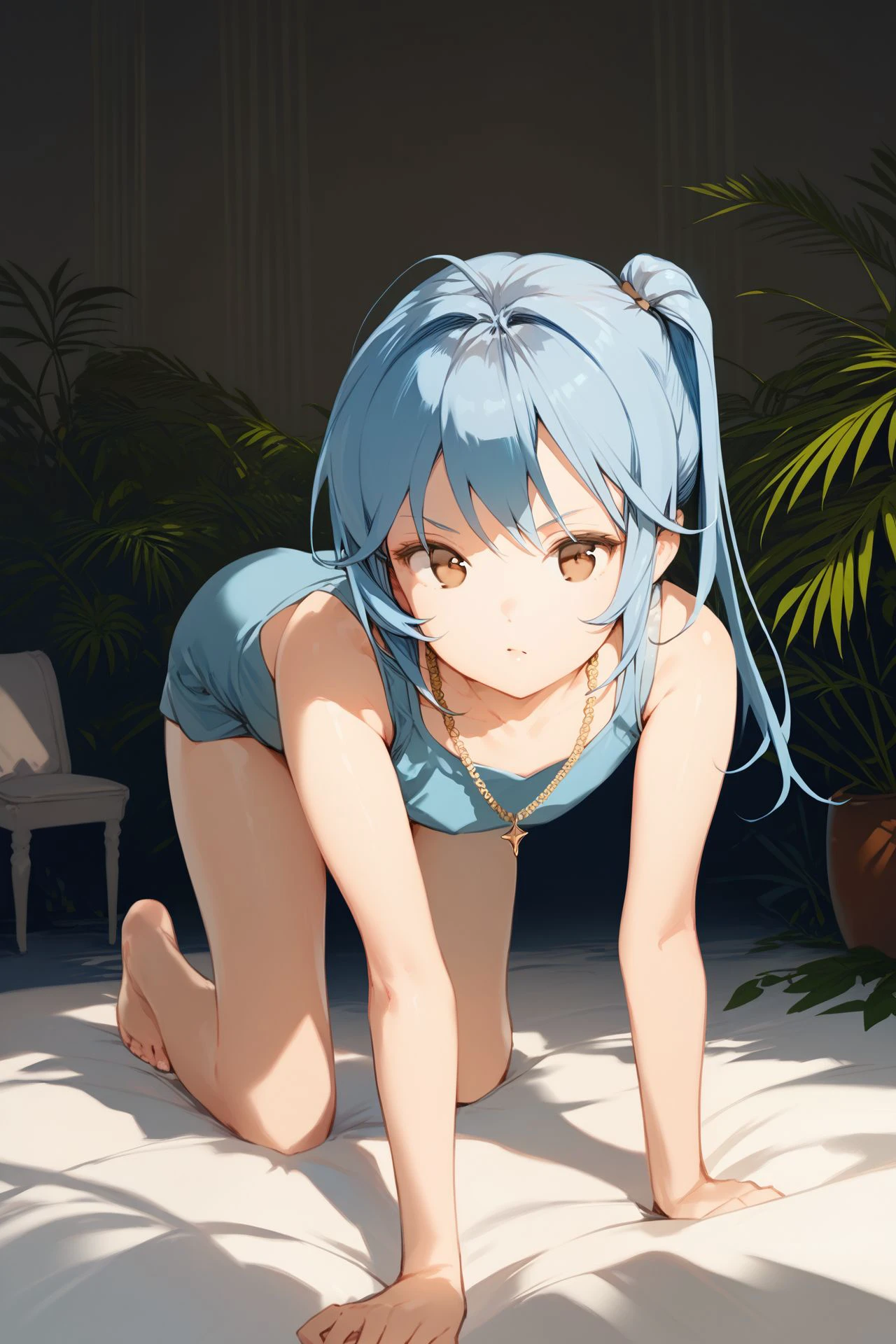 score_9, score_8_up, score_7_up, 1girl, envy, looking at viewer, blue hair, textured_bangs, side_ponytail, brown eyes, flat chest, loungewear, necklace, all fours, beautiful background, <lora:Anmi_PonyXL_style_v01:1>