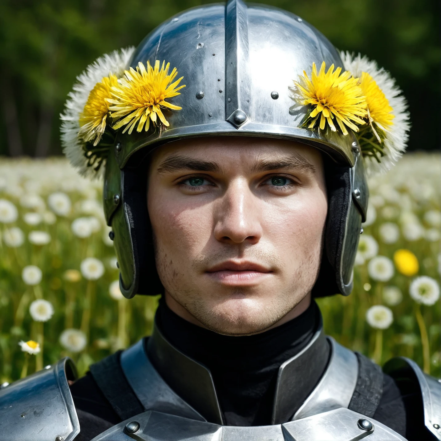 RAW photo, hero portrait of a ((male)) 30 year old warrior, wearing an armor fully made of dandelions with a helmet, full sharp, detailed face, blue eyes, (high detailed skin:1.2), 8k uhd, dslr, soft lighting, high quality, film grain, Fujifilm XT3 <lora:dandelion-000006:0.2>
dappled light on face, ((shiny green eyes)), (open eyes), grazing light, few pale freckles, pale skin, snow white skin, oiled shiny skin, dry skin, powdered skin, porcelain skin, blush, flushed cheeks, wrinkles, dark circles under the eyes, beauty spot, moles, blackhead, visible skin detail, dark circles under the eyes, acne scars, goosebumps, remarkable detailed pupils, (perfect eyes), ((perfect hands with four fingers and one thumb each)), four fingers, one thumb