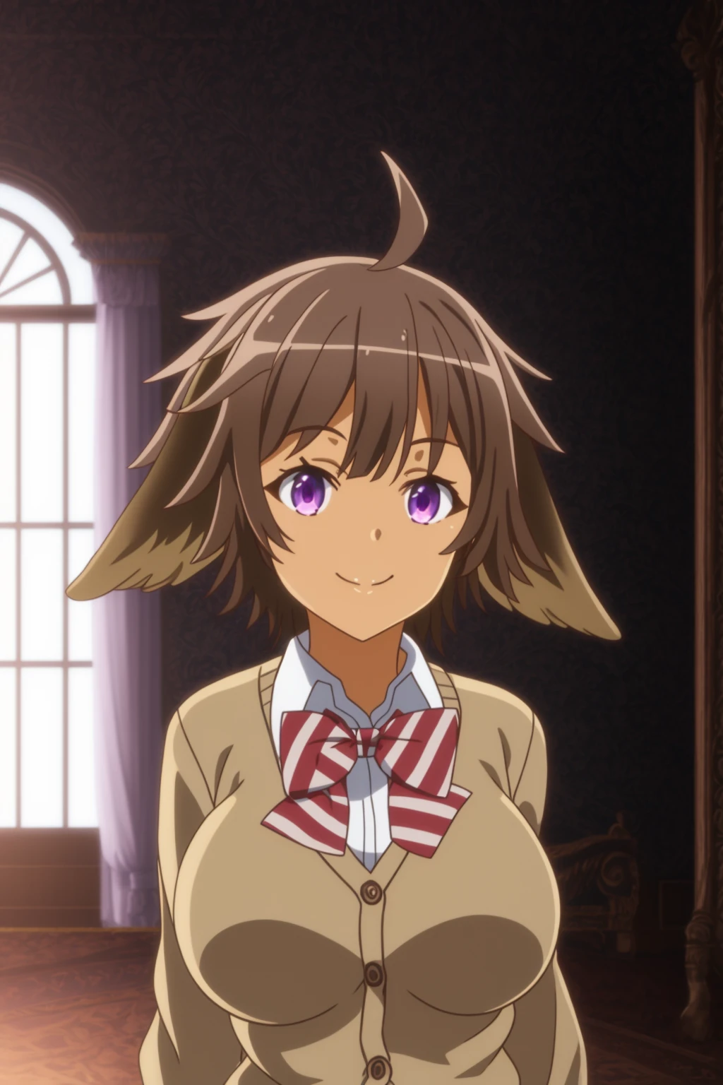sysdeep_elbia, 1girl, solo, breasts, smile, short_hair, large_breasts, brown_hair, shirt, bow, elbia_hair, school_uniform, purple_eyes, upper_body, ahoge, striped, bowtie, cardigan, indoors