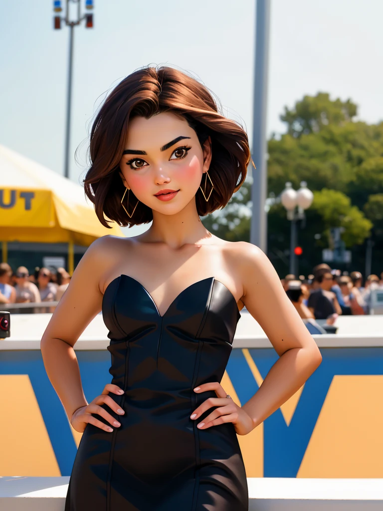 Realistic photo of a beautiful k3r1rus woman, 1girl, solo, short hair, brown hair, dress, bare shoulders, brown eyes, jewelry, earrings, black dress, lips, strapless, strapless dress, hands on hips, realistic, professional Photography, Photorealistic, detailed, RAW, analog, sharp focus, 8k, HD, DSLR, high quality, Fujifilm XT3, film grain, award winning, masterpiece<lora:k3r1rus:1.0>
